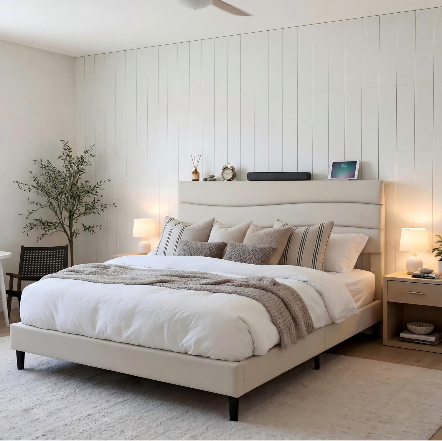EnHomee Queen Bed Frame with Adjustable Height Upholstered Headboard, 3 USB Charging Ports, Noise-Free Platform Bed, No Box Spring Needed, Beige