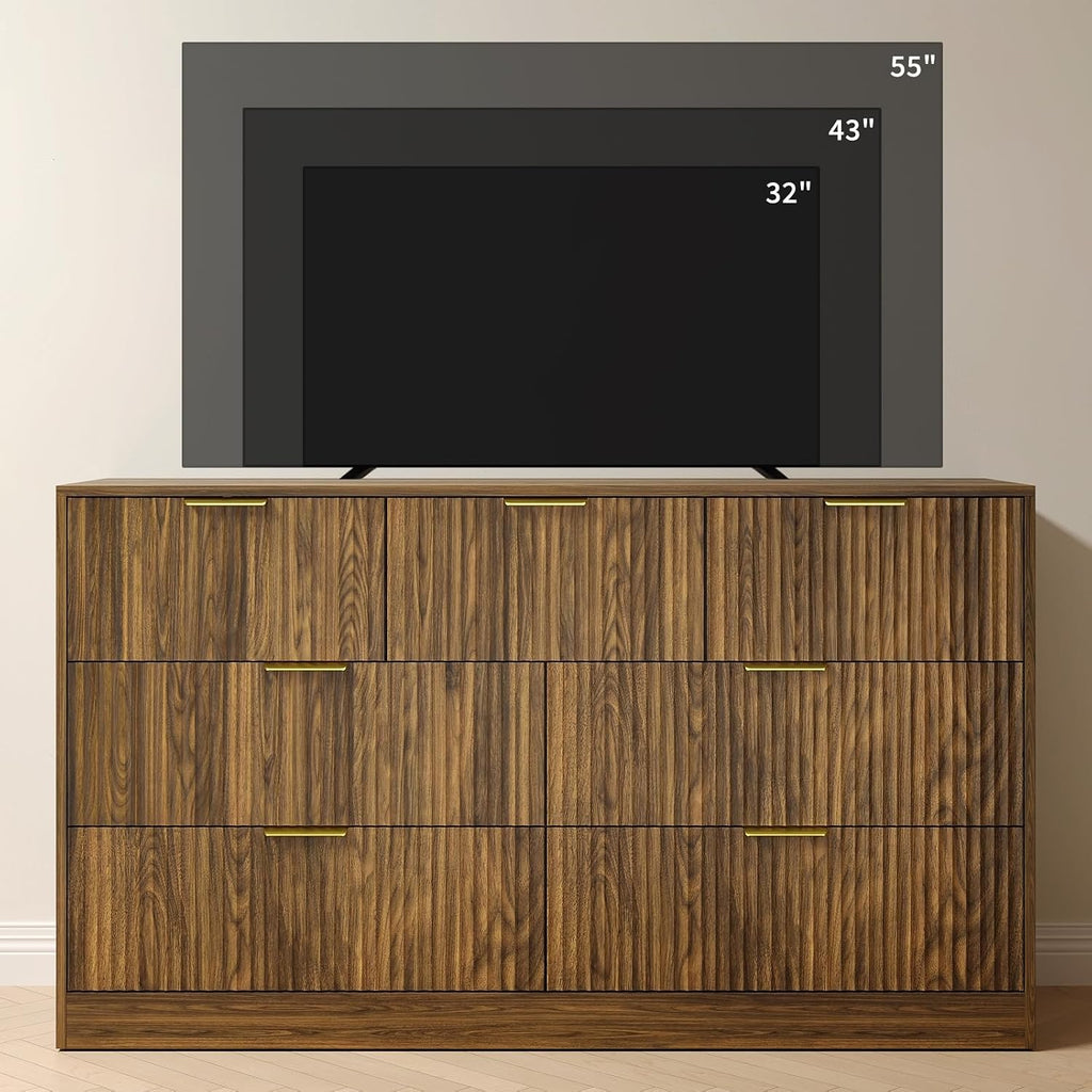 7 Drawer Dresser and Nightstand Sets, 3 Pcs Bedroom Set for Bedroom, Fluted Night Stand Set of 2 & 55' Wide Dresser w/Gold Handles, Mid Century Wood Chest of Drawers Storage Set, Walnut