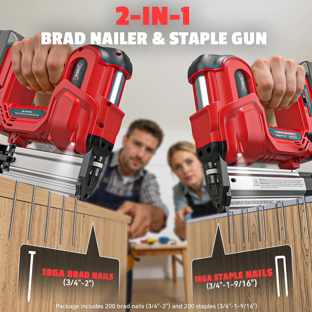 DIYtoolifz 18GA Cordless 2' Brad Nailer Compatible with Milwaukee 18V (Tool Only), 2-in-1 Nail/Staple Gun, Tool-Free Jam, Adjustable Depth, 2 Modes with 400 Nails/Staples for Woodworking, Carpentry
