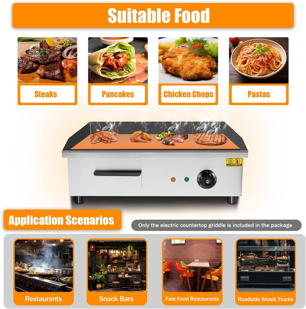 22' Commercial Electric Griddle 3000W Restaurant Countertop Griddle Stainless Steel Flat Top Grill Adjustable Temperature Control 122°F-572°F for Fast Food Restaurants Canteens