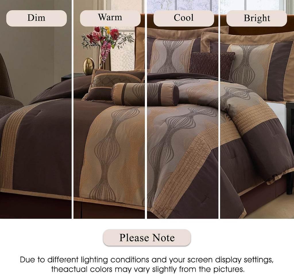 Stratford Park Elegant Brown Comforter Set King 7 Piece Bed in a Bag, Striped, Jacquard Bedding Set All Season, Matching Decorative Pillows, Pillow Sham