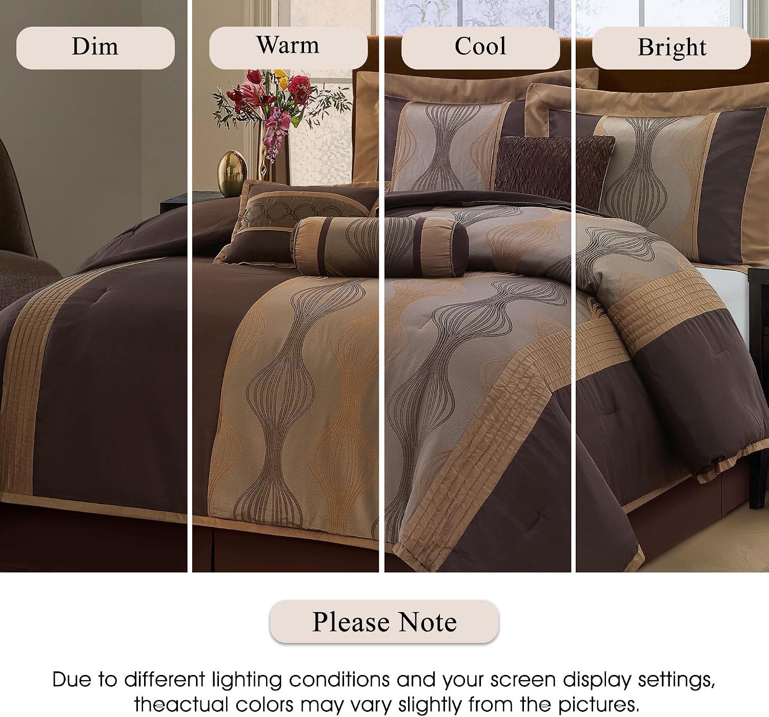 Stratford Park Elegant Brown Comforter Set King 7 Piece Bed in a Bag, Striped, Jacquard Bedding Set All Season, Matching Decorative Pillows, Pillow Sham