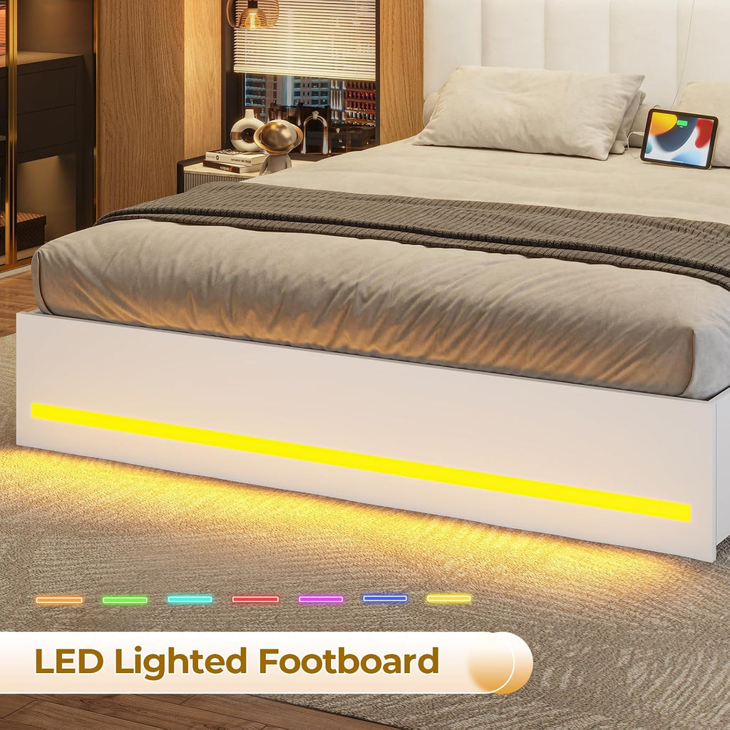 VIAGDO Full Size Bed Frame with Bookcase Headboard, Wooden Bed Frame Full Size with Charging Station, 4 Storage Drawers and LED Lights, with Type-C and USB, No Box Spring Needed, White