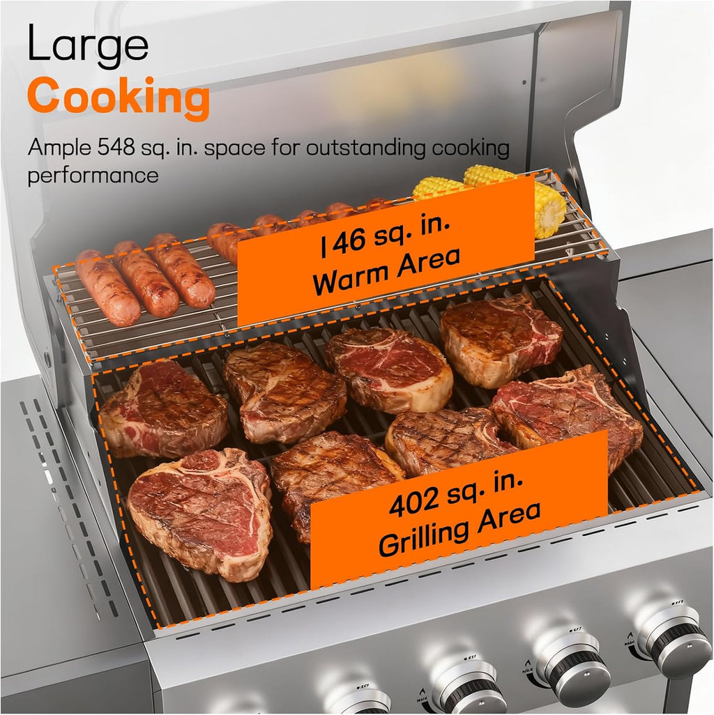Veralune 5 Burner Propane Gas Grill with Side Burner, 5 Burner Outdoor Cooking Grill, BBQ Gas Grill, 68,000 BTU Heavy-Duty, Stainless Steel, Electronic Ignition System, Built-in Thermometer