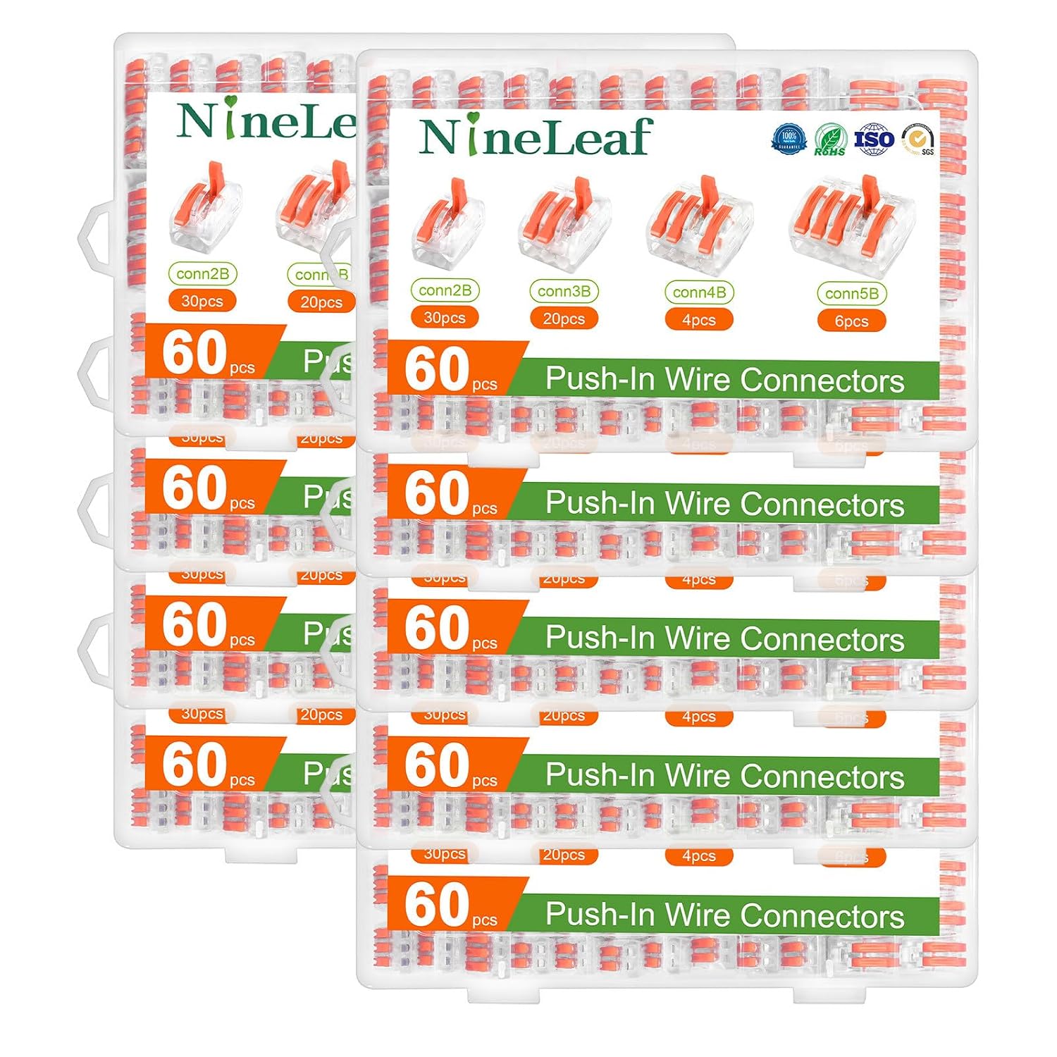 NineLeaf 60 Pcs Lever Wire Connectors Kit, 2/3/4/5 Port Push-in Electrical Wire Nuts with Test Hole for AWG 28-12, Reusable Quick Splice Assortment with Organized Storage Box,9Set