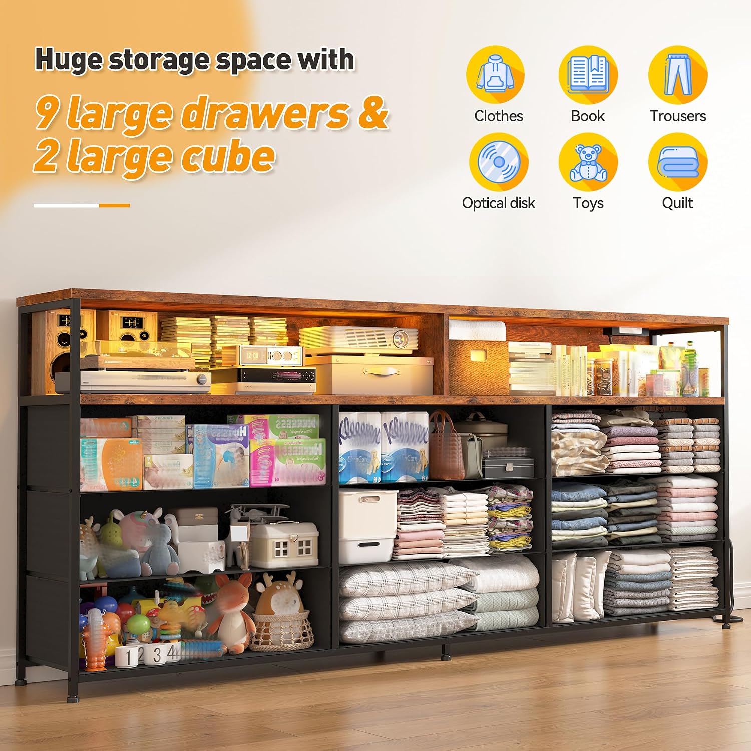 EnHomee 55' W Dresser for Bedroom with Charging Station & LED, 65/55 Inch TV Stand with 9 Fabric Drawers, Sturdy Dressers & Chest of Drawers with 2 Wood Storage Open Shelves,Entryway, Rustic Brown