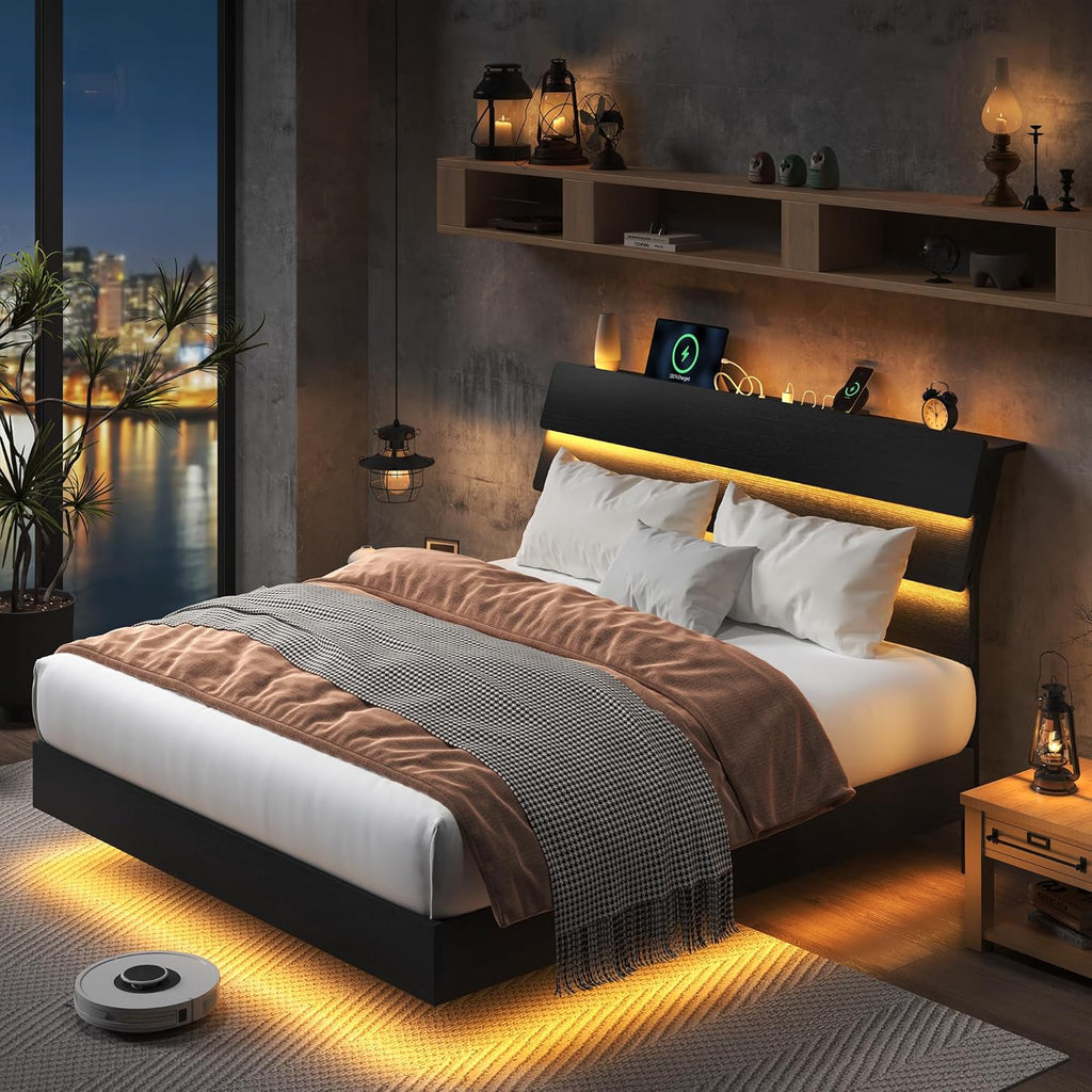 Feonase Floating Bed Frame Full with Led Lights and Charging Station, Wood Full Size Bed Frame with Storage Headboard, Heavy Duty Metal Slats, No Box Spring Needed, Easy Assembly, Noise-Free,Black