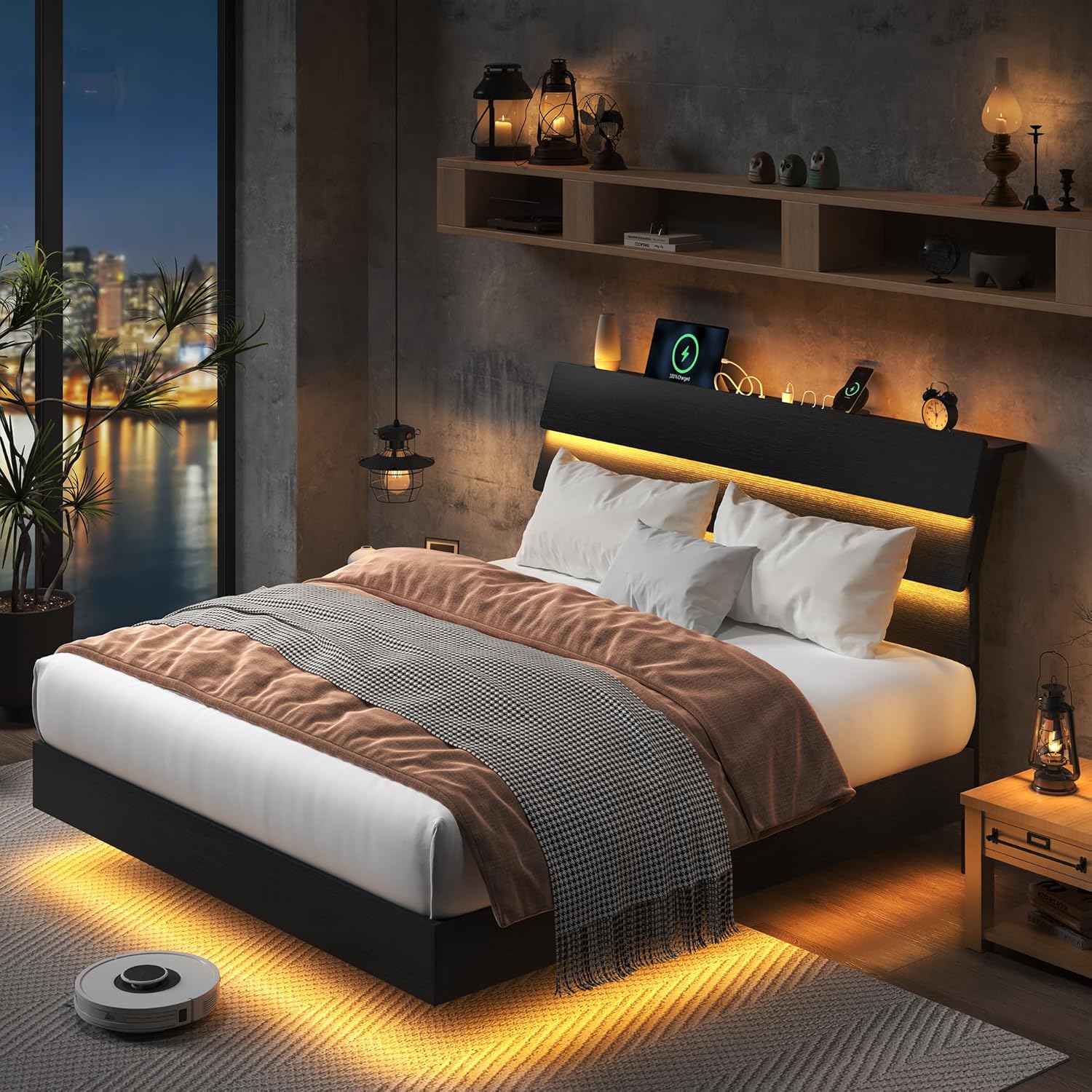 Feonase Floating Bed Frame Full with Led Lights and Charging Station, Wood Full Size Bed Frame with Storage Headboard, Heavy Duty Metal Slats, No Box Spring Needed, Easy Assembly, Noise-Free,Black