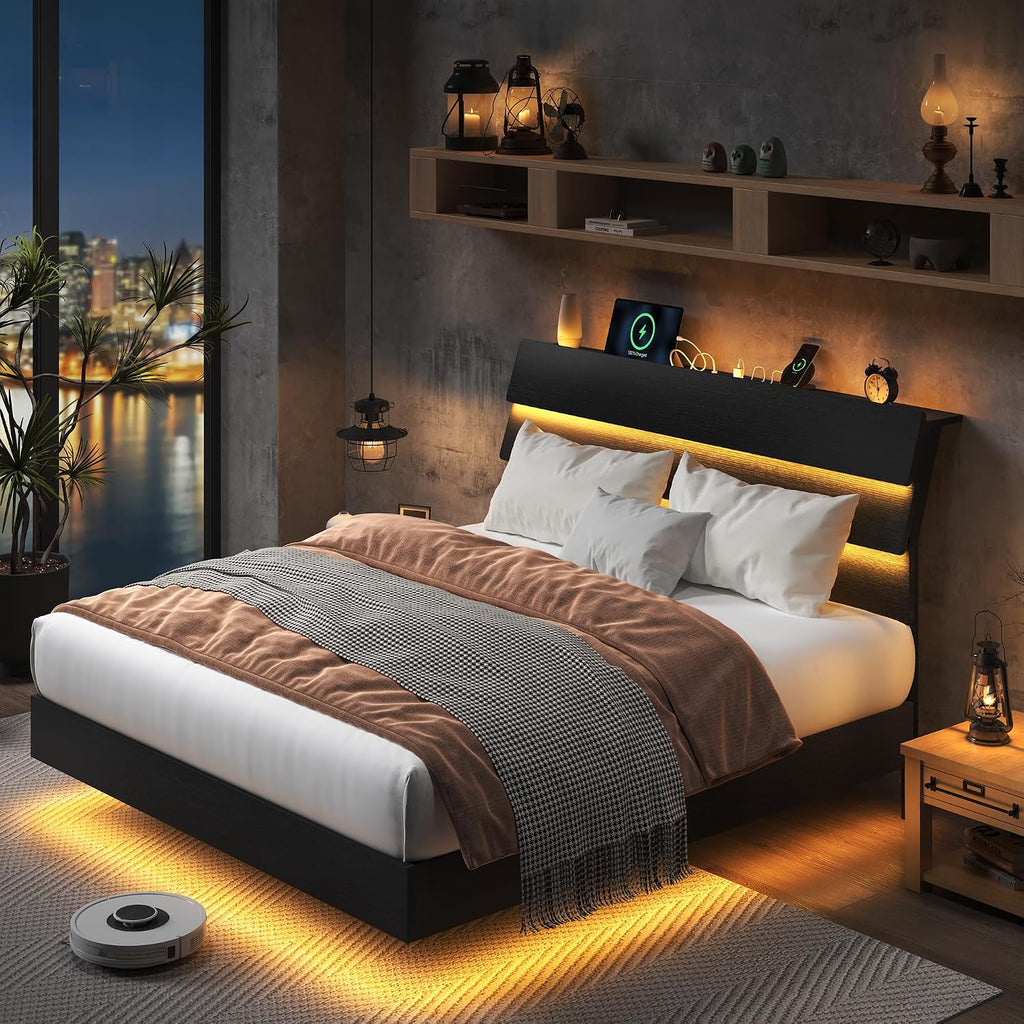 Feonase Floating Bed Frame Queen Size with Led Lights and Charging Station, Wood Queen Bed Frame with Storage Headboard, Heavy Duty Metal Slats, No Box Spring Needed, Easy Assembly, Black
