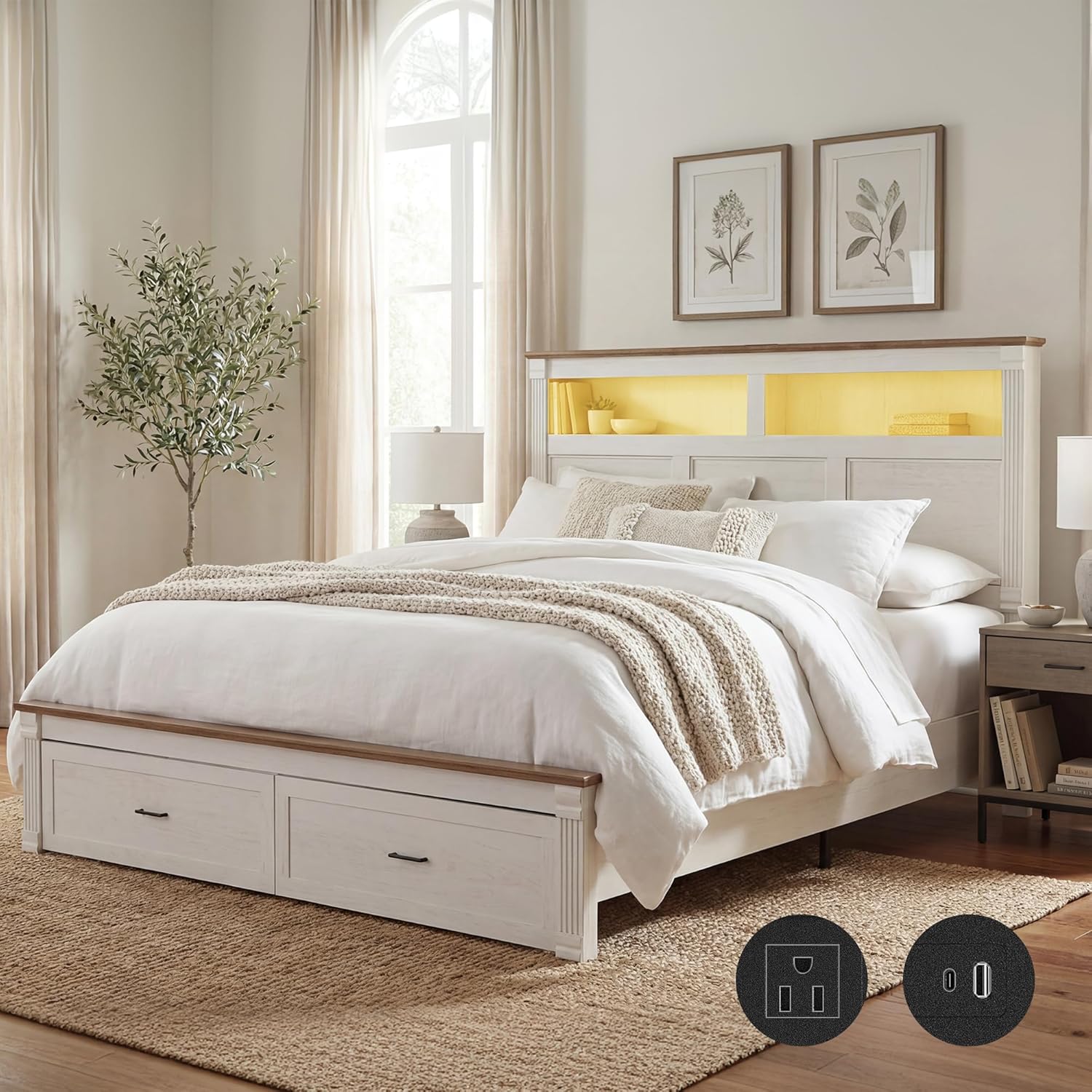 King Size Bed Frame with 53' Tall Headboard, Farmhouse Platform Bed Frame with Roman Column Decoration Footboard & 2 Storage Drawers, LED Built in Charging Station, No Box Spring Needed（Rust White)