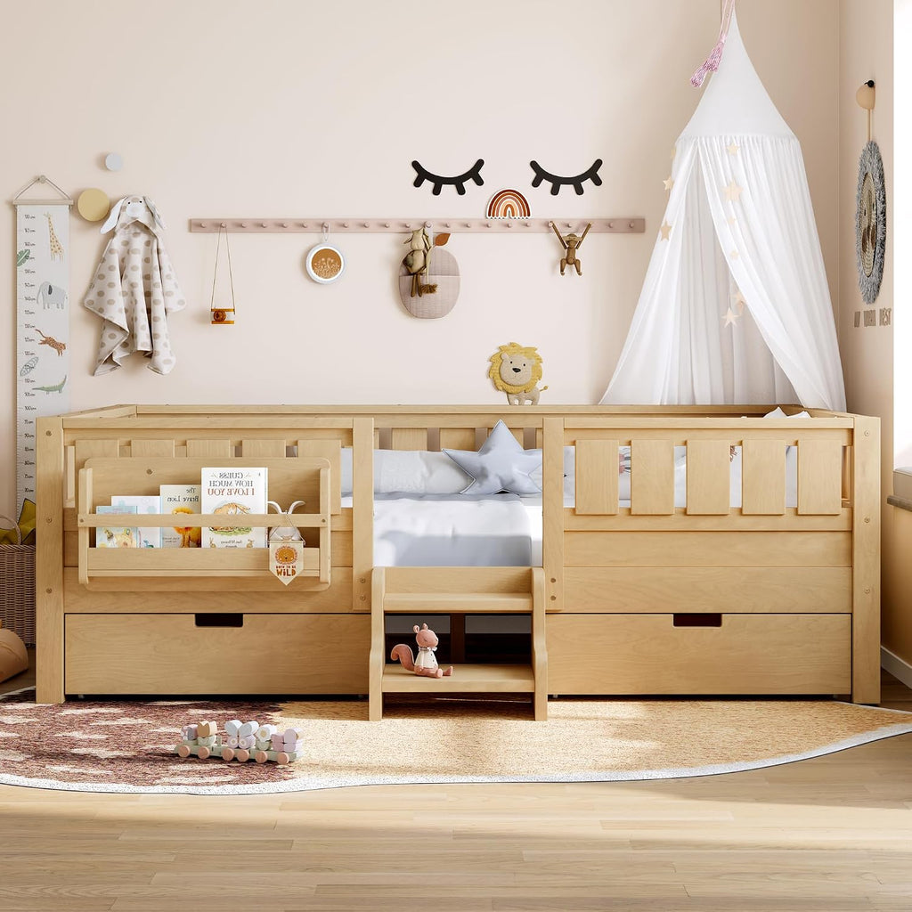 Bellemave Full Floor Bed with Stairs, Rails and Slats, Full Size Montessori Floor Bed with Bookshelf and 2 Storage Drawers, Easy Assemble Montessori Beds Frame for Girls, Boys, Light Natural