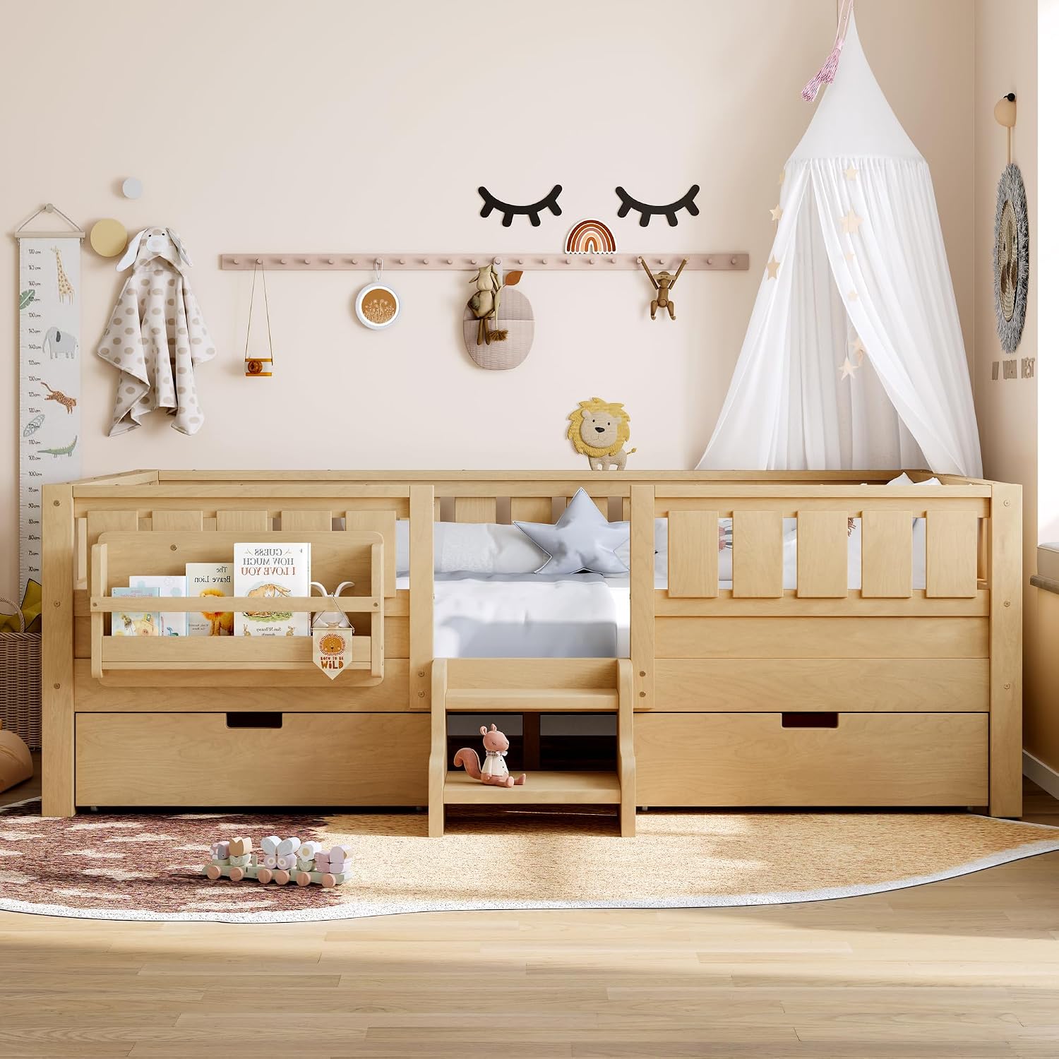 Bellemave Full Floor Bed with Stairs, Rails and Slats, Full Size Montessori Floor Bed with Bookshelf and 2 Storage Drawers, Easy Assemble Montessori Beds Frame for Girls, Boys, Light Natural