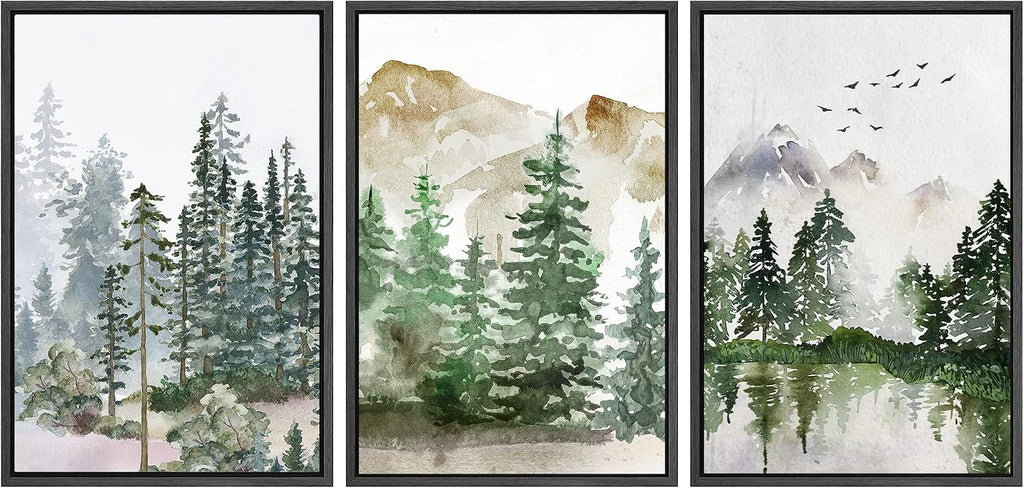 SIGNWIN Framed Canvas Print Wall Art Set Pastel Mountain Range Forest Mist Nature Wilderness Illustrations Modern Art Decorative Rustic Calm/Zen for Living Room, Bedroom, Office - 16'x24'x3 Black