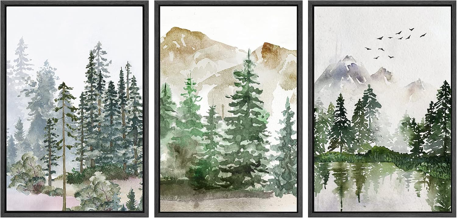 SIGNWIN Framed Canvas Print Wall Art Set Pastel Mountain Range Forest Mist Nature Wilderness Illustrations Modern Art Decorative Rustic Calm/Zen for Living Room, Bedroom, Office - 16'x24'x3 Black