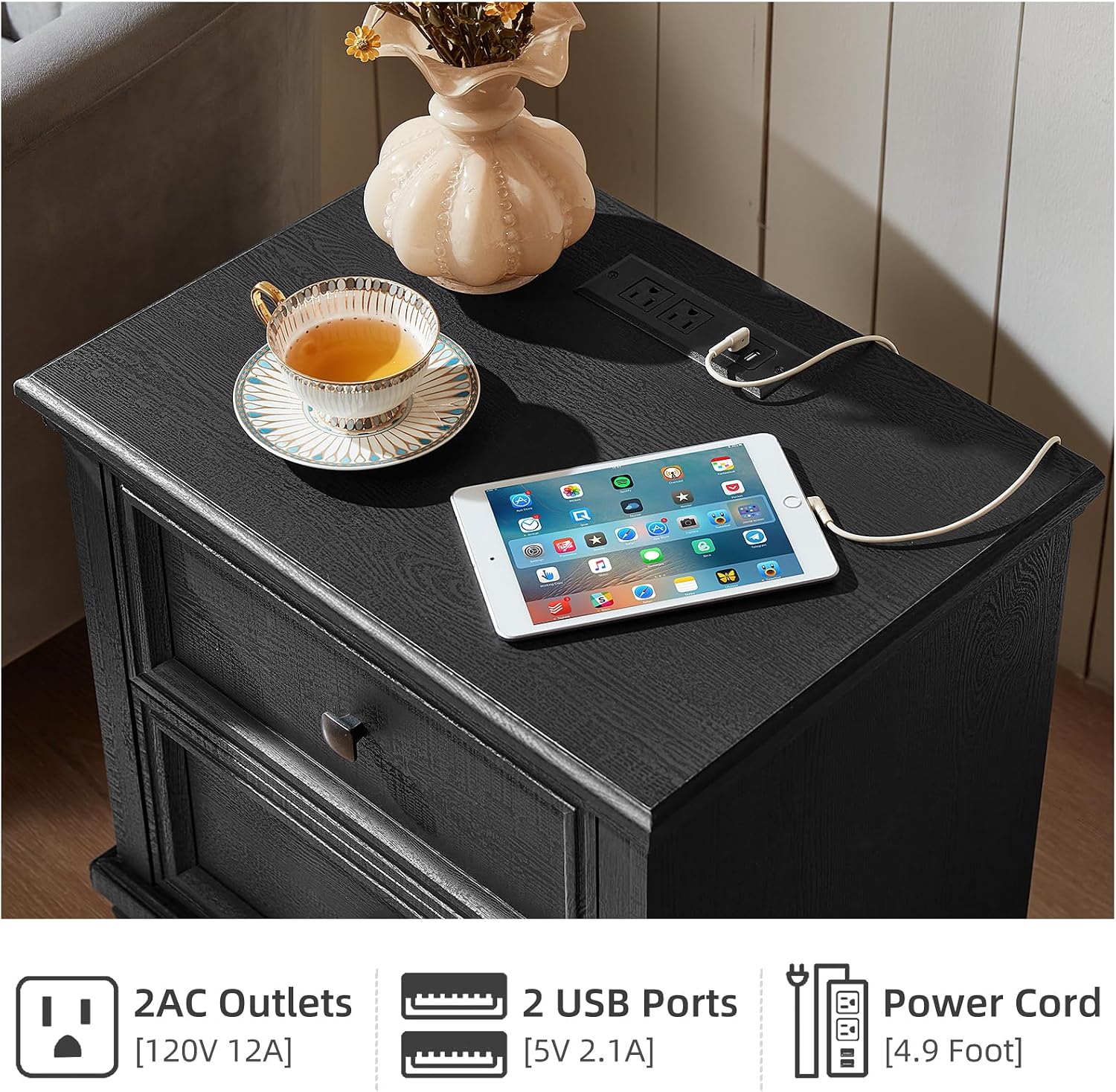 SAVOR LIFE Farmhouse Bedroom Dresser and Nightstand Set of 4, 6 Drawer Low & 5 Drawers Dresser & 2 Drawer Nightstand Set, Rustic Wood Furniture Set for Bedroom, Hallway, Black