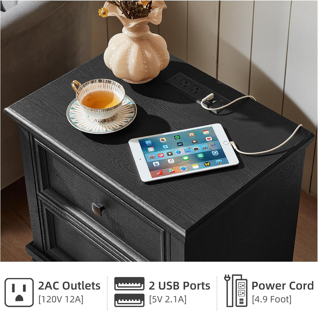 SAVOR LIFE Farmhouse Black Bedroom Sets of 4, Includes 6 Drawer Large Dresser, 2 Drawers Night Stand with Charging Station, Low 6 Chest of Drawers, Wood Rustic Dresser & Nightstand Set for Home