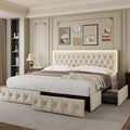 Keyluv Full Upholstered LED Bed Frame with 4 Drawers, Velvet Platform Storage Bed with Adjustable Button Tufted Headboard and Solid Wooden Slats Support, No Box Spring Needed, Beige