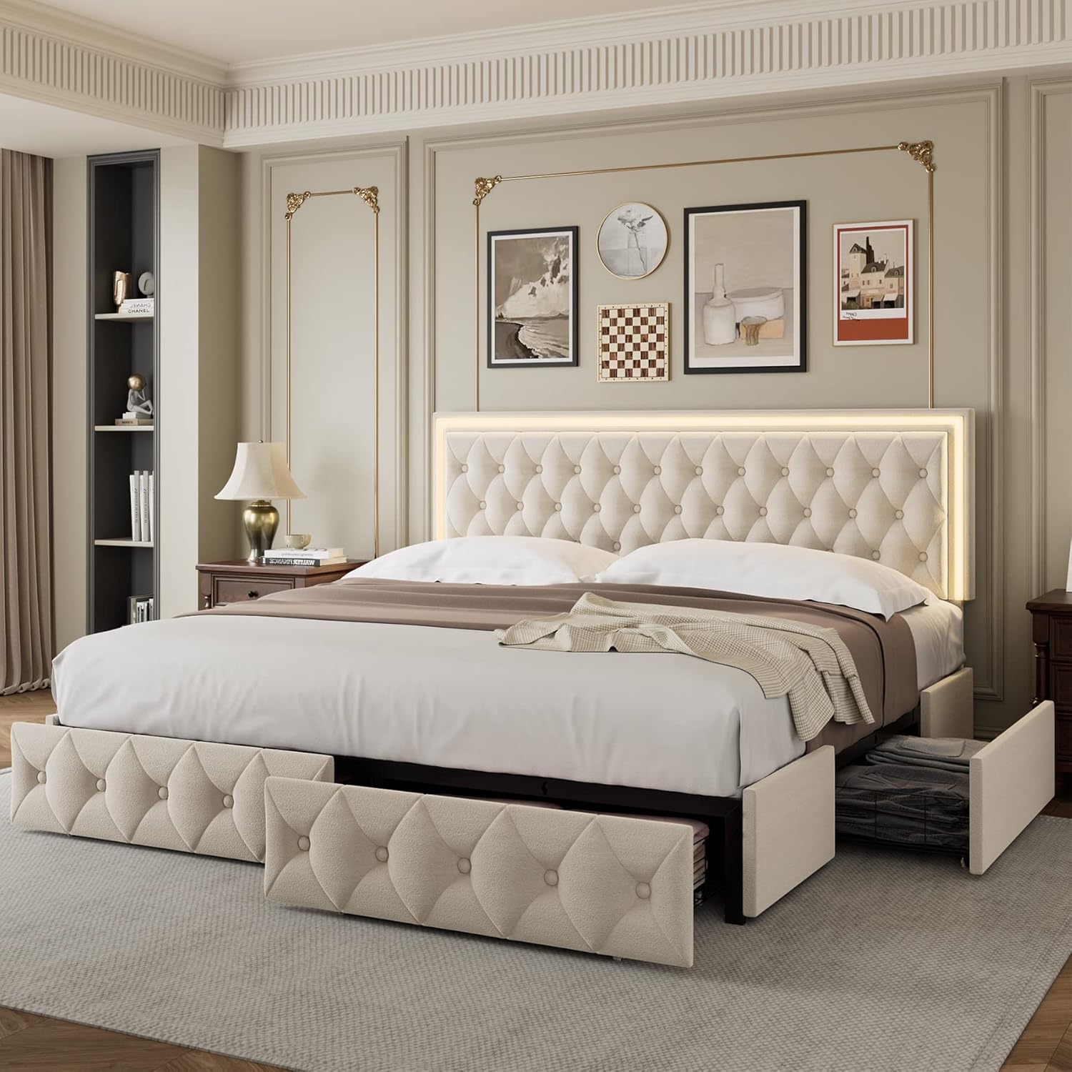 Keyluv Queen Upholstered LED Bed Frame with 4 Drawers, Velvet Platform Storage Bed with Adjustable Button Tufted Headboard and Solid Wooden Slats Support, No Box Spring Needed, Beige