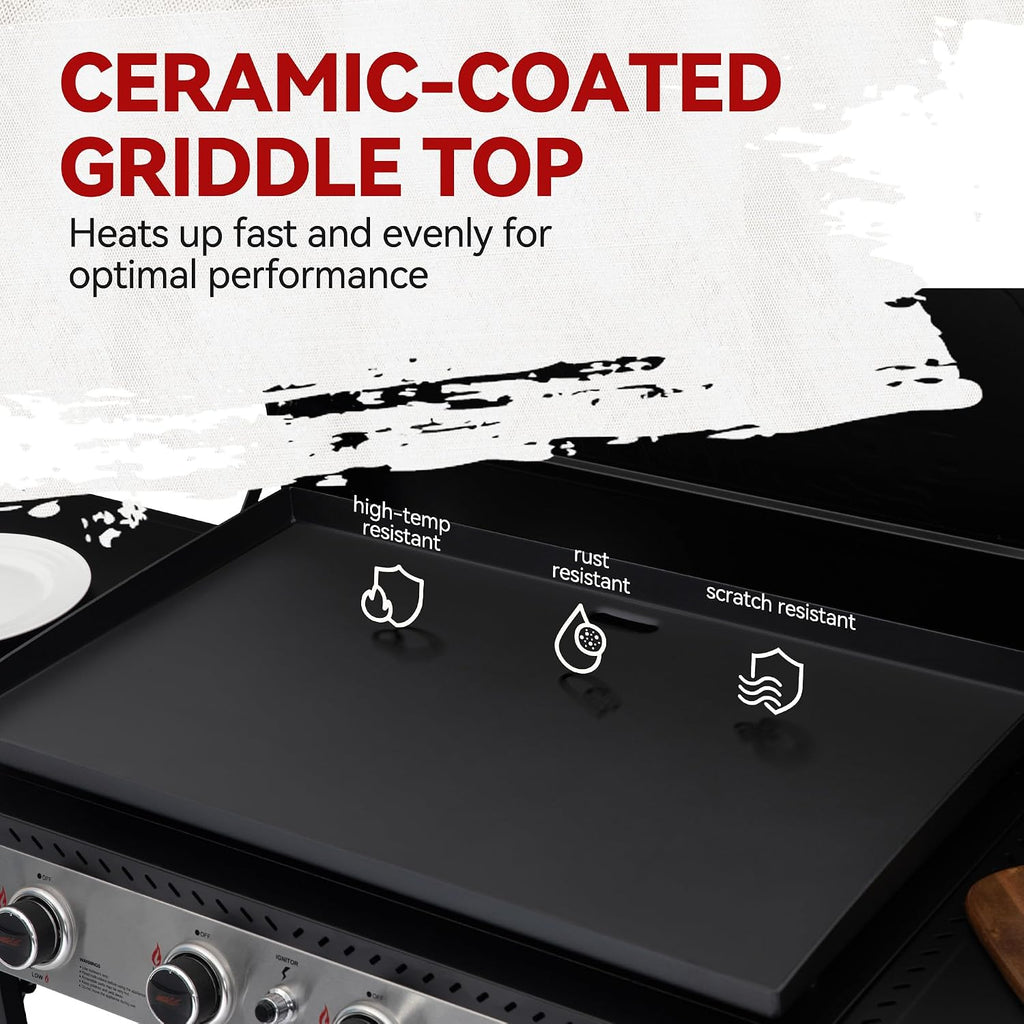 Royal Gourmet GB4007P 4 Burner Propane Gas Griddle with Hood, 34-Inch Flat Top Grill with Folding Side Tables for Outdoor Cooking like Camping or Tailgating, Black & Silver