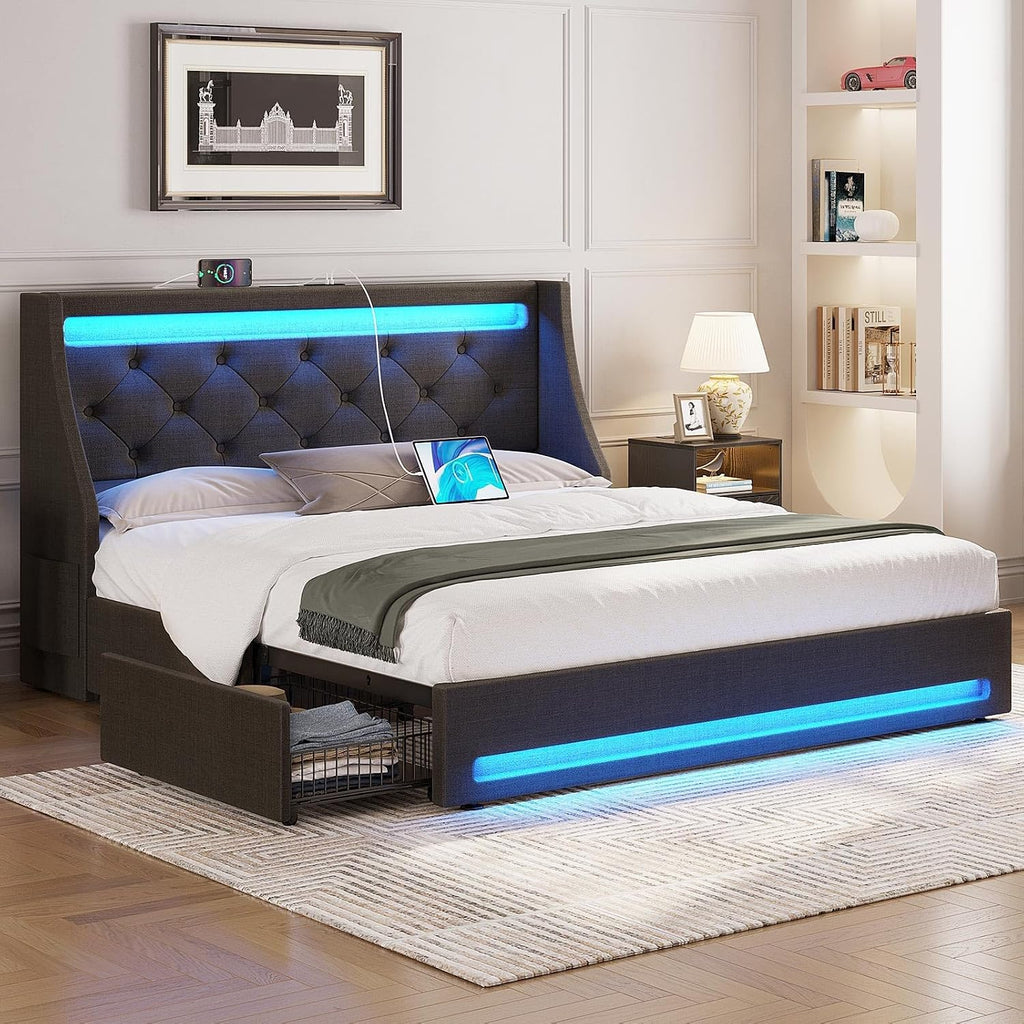 Rolanstar Queen Bed Frame with LED Lights and Charging Station, Upholstered Bed with Drawers, Wooden Slats, Noise Free, Easy Assembly, Dark Gray