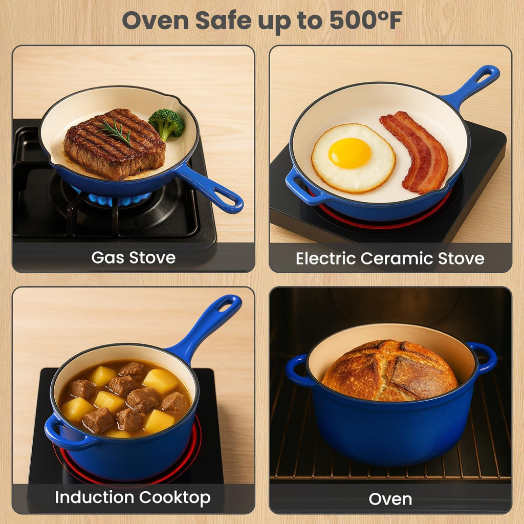 QuliMetal Nonstick Enameled Cast Iron Cookware Set, 5 Pcs Pots and Pans with Lid, Skillet, Frying Pan, Saucepan & Dutch Oven for All Stovetops, PFA Free - Ideal for Sourdough Bread Baking