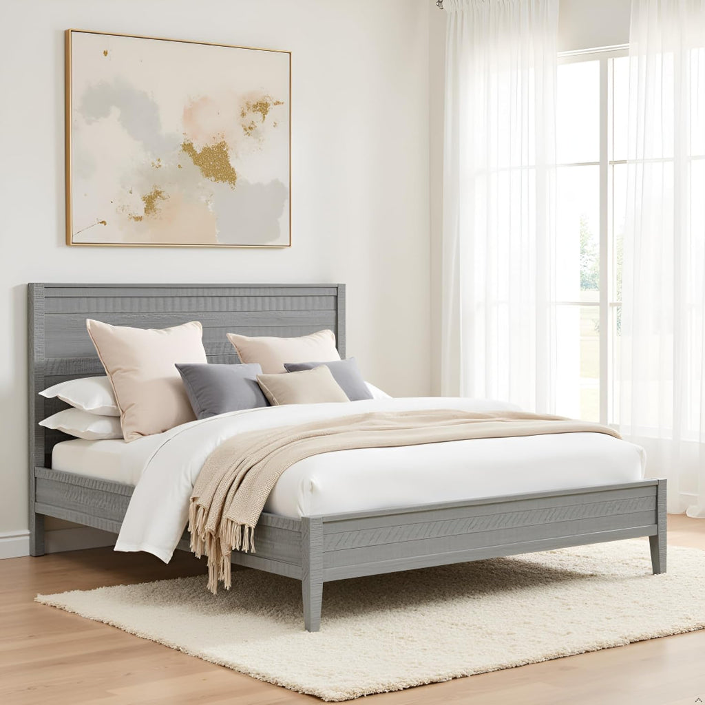 Arden Queen Size Panel Bed Frame – Solid Brazilian Pine Wood with High 50' Headboard, Low 18' Footboard, 8' Underbed Clearance – Modern Contemporary Bedroom by Alaterre Furniture (Driftwood Gray)