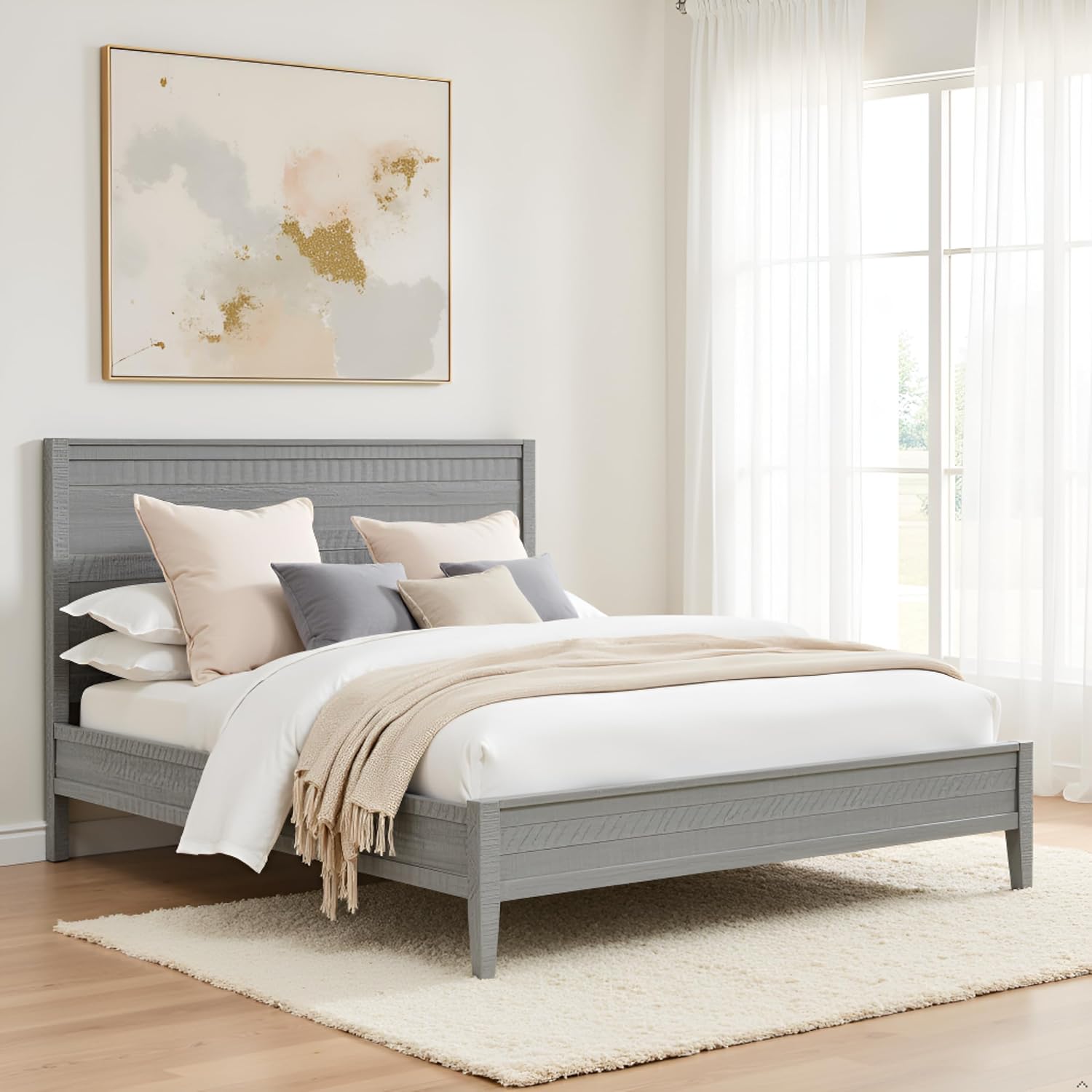 Arden Queen Size Panel Bed Frame – Solid Brazilian Pine Wood with High 50' Headboard, Low 18' Footboard, 8' Underbed Clearance – Modern Contemporary Bedroom by Alaterre Furniture (Driftwood Gray)