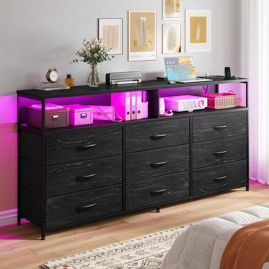 55'W Dresser for Bedroom with Charging Station & LED Light, 65/55/50 Inch TV Stand with 9 Fabric Drawers, Sturdy Dressers & Chest of Drawers with 2 Wood Open Shelves,Metal Frame,Black Oak Wood Look