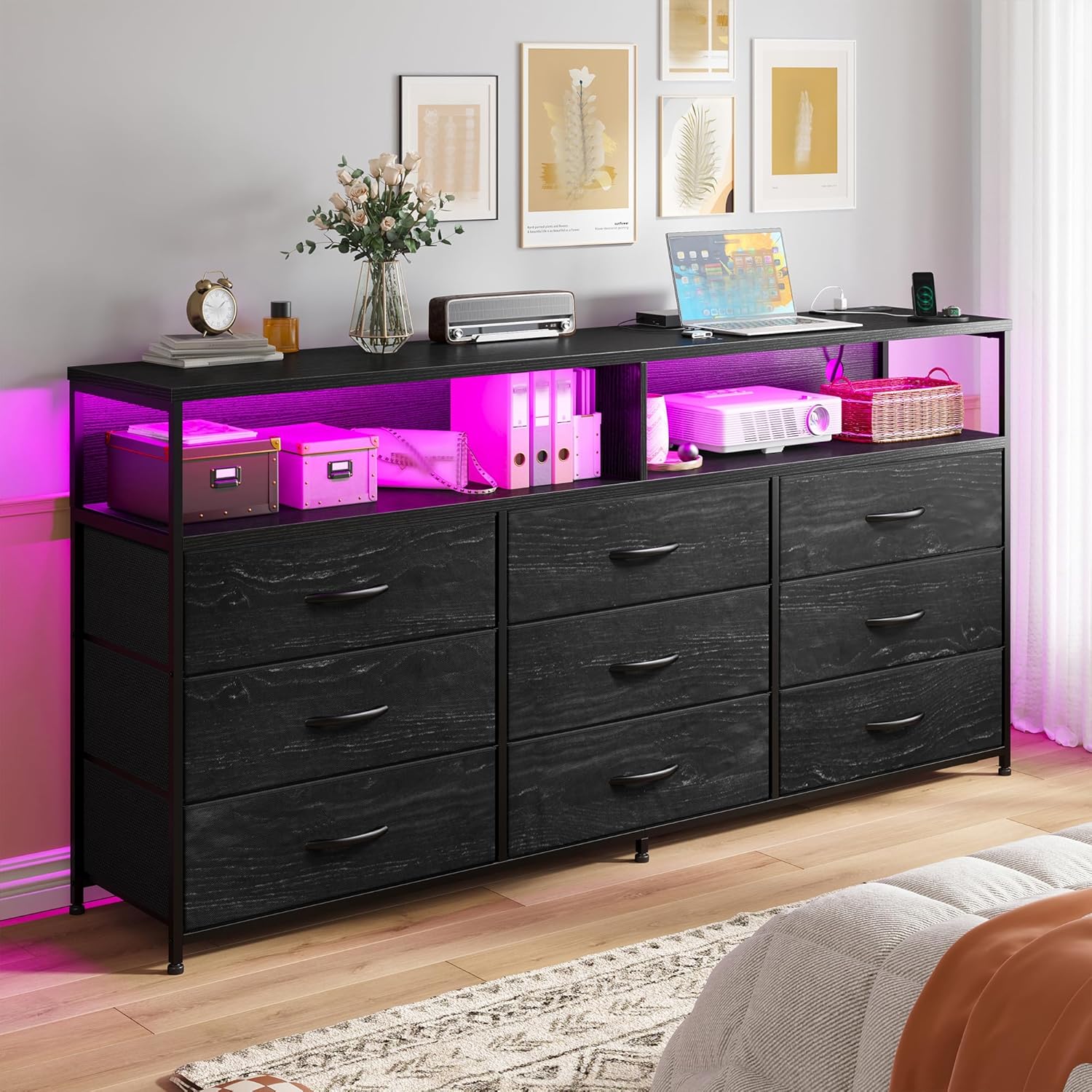 55'W Dresser for Bedroom with Charging Station & LED Light, 65/55/50 Inch TV Stand with 9 Fabric Drawers, Sturdy Dressers & Chest of Drawers with 2 Wood Open Shelves,Metal Frame,Black Oak Wood Look