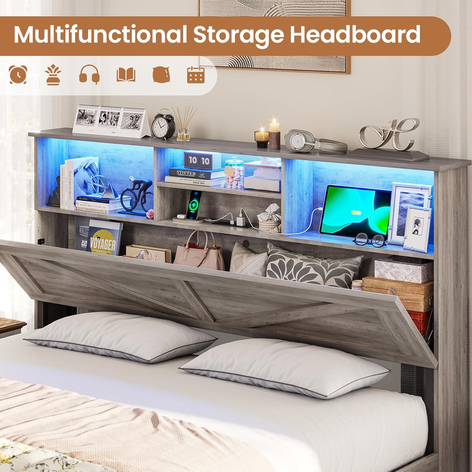 VIAGDO Farmhouse Bed Frame Full Size with Bookcase Storage Headboard, Charging Station and LED Lights, Wooden Full Bed Frame with 4 Drawers, Barn Door Design, No Box Spring Needed, No Noise, Grey