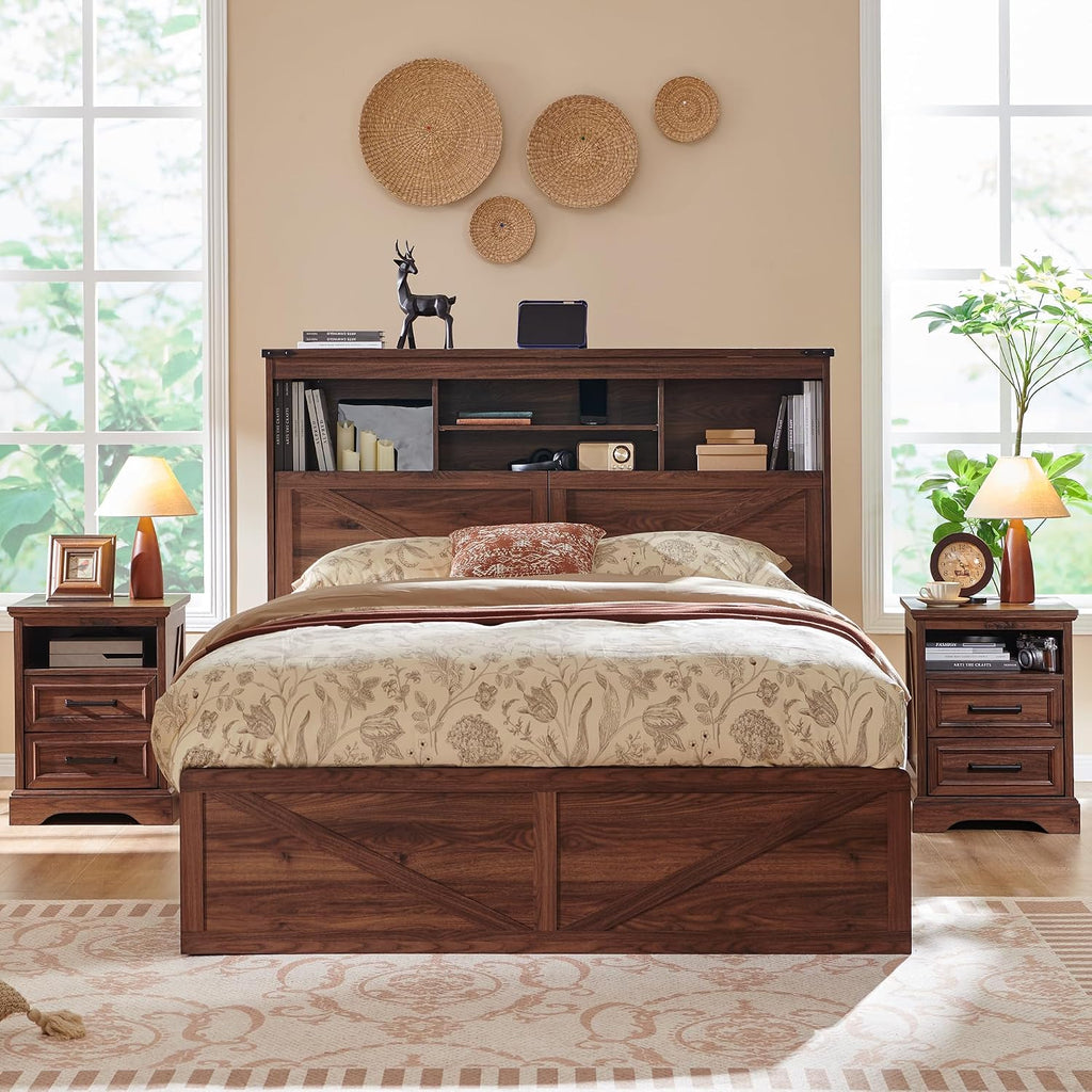 ACCOHOHO Farmhouse Full Size Bed Frame with 52' Tall Storage Headboard and LED Light,Wood Platform Bed Frame with 4 Drawers and Charging Station,Solid Wood Slats Support,No Box Spring Needed,Brown
