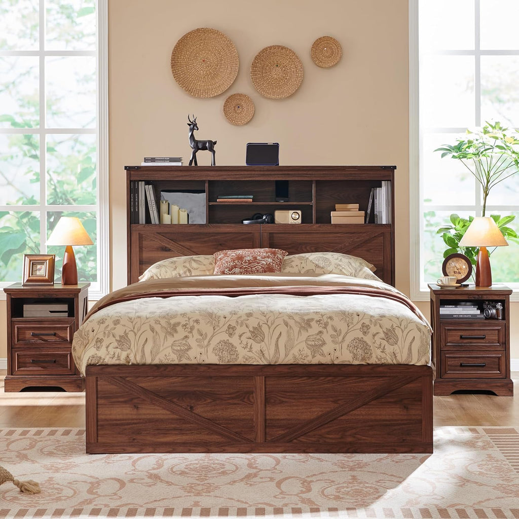 ACCOHOHO Full Bed Frame with 52' Tall Headboard and 4 Drawers,LED Light,Charging Station,Solid Wood Slats Support,No Box Spring Needed,Brown