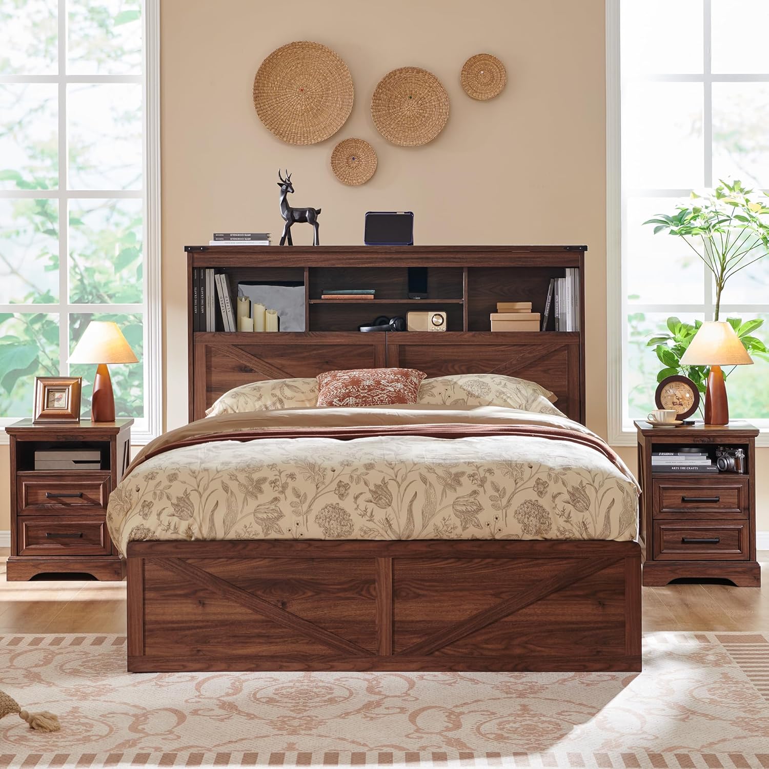 ACCOHOHO Full Bed Frame with 52' Tall Headboard and 4 Drawers,LED Light,Charging Station,Solid Wood Slats Support,No Box Spring Needed,Brown