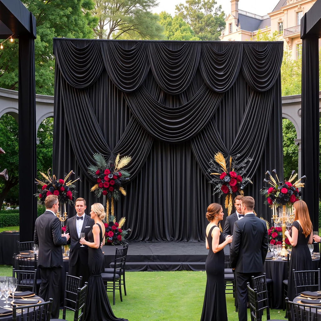 50ftx15ft Wrinkle Free Black Backdrop Curtain, 10 Panels 15FT Height Black Drapes for Wedding, Silky Polyester Polyester Back Drop Cloth Draping for Birthday Party Photography Background Party