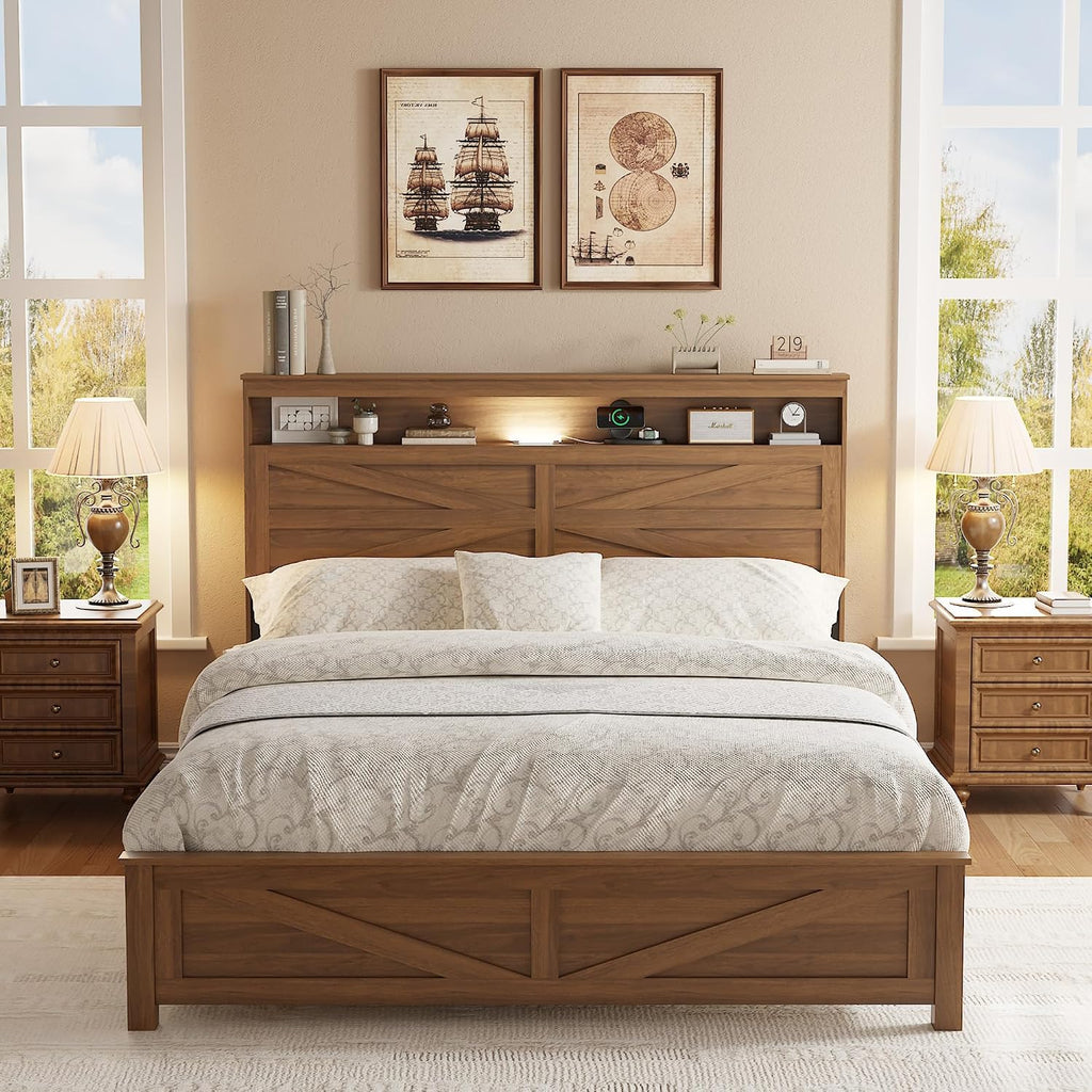 Farmhouse Wooden Bed Frame Queen Size with Storage Headboard, Boho Platform Bedframe with LED Lights and Charging Station, Metal Slats Support, No Box Spring Needed, Deep Brown