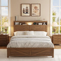 Farmhouse Wooden Bed Frame Queen Size with Storage Headboard, Boho Platform Bedframe with LED Lights and Charging Station, Metal Slats Support, No Box Spring Needed, Deep Brown