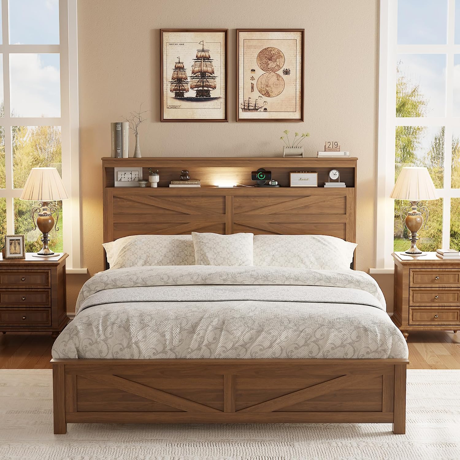 Farmhouse Wooden Bed Frame Queen Size with Storage Headboard, Boho Platform Bedframe with LED Lights and Charging Station, Metal Slats Support, No Box Spring Needed, Deep Brown