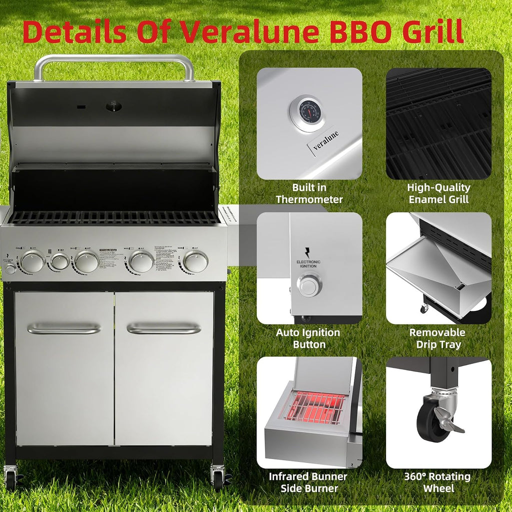 Veralune 4 Burner Gas Grill with Infrared Side Burner, Outdoor Gas Grill, BBQ Gas Grill with Oil Tray and Built-in Thermometer, 55,000 BTU, Enameled Cast-iron Grates, Black