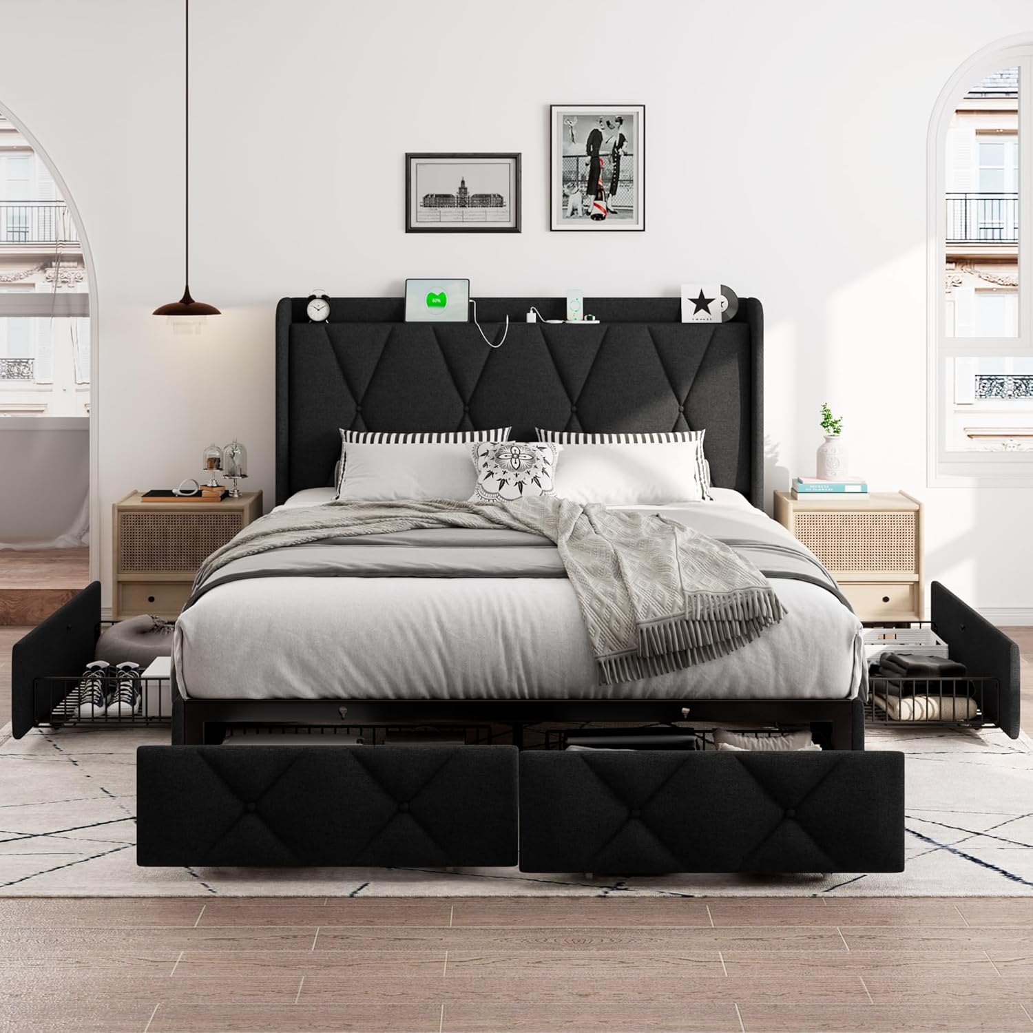 iPormis Full Size Bed Frame with 4 Storage Drawers, Upholstered Platform Bed Frame with Charging Station, Modern Wingback Storage Headboard, Easy Assembly, Black