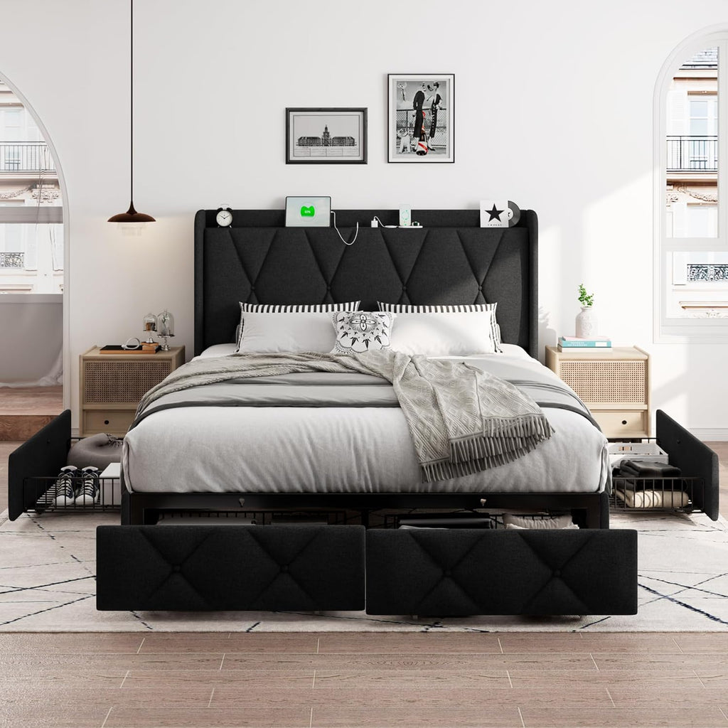 iPormis Queen Bed Frame with 4 Storage Drawers, Upholstered Platform Bed Frame with Charging Station, Modern Wingback Storage Headboard, Easy Assembly, Black