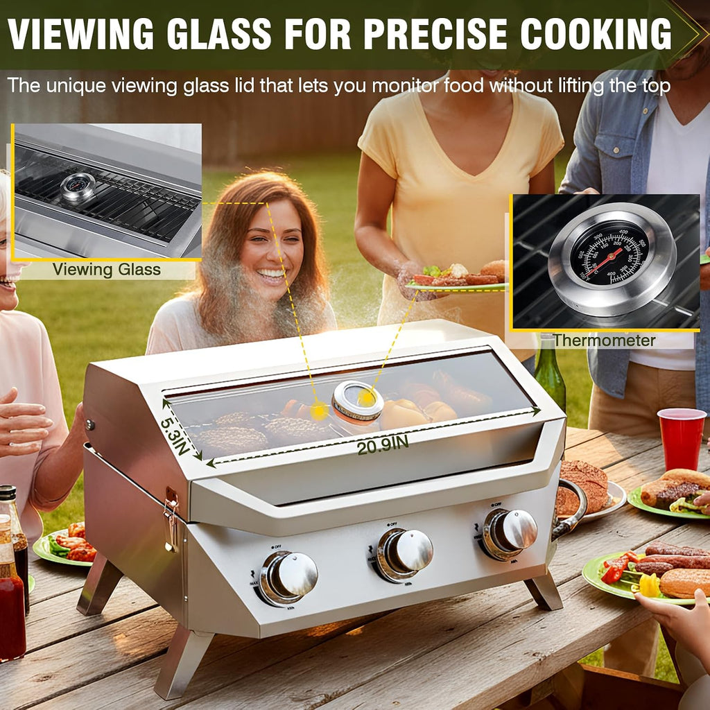 BESTFIRE 3-Burner Tabletop Gas Grill with Viewing Glass, 30,000 BTU Stainless Steel Portable Propane BBQ Grill with Thermometer, Professional Outdoor Cooking for Patio, Camping, RV and Tailgating
