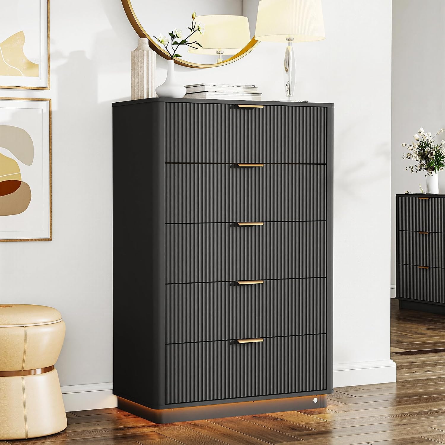 Dresser and Nightstand Sets 3 Piece, Bedroom Set with Charging Station, Large 5 Drawer Dresser for Bedroom and Night Stand Set of 2, Mid Century Modern Bedroom Furniture Set with Motion Sensor Lights