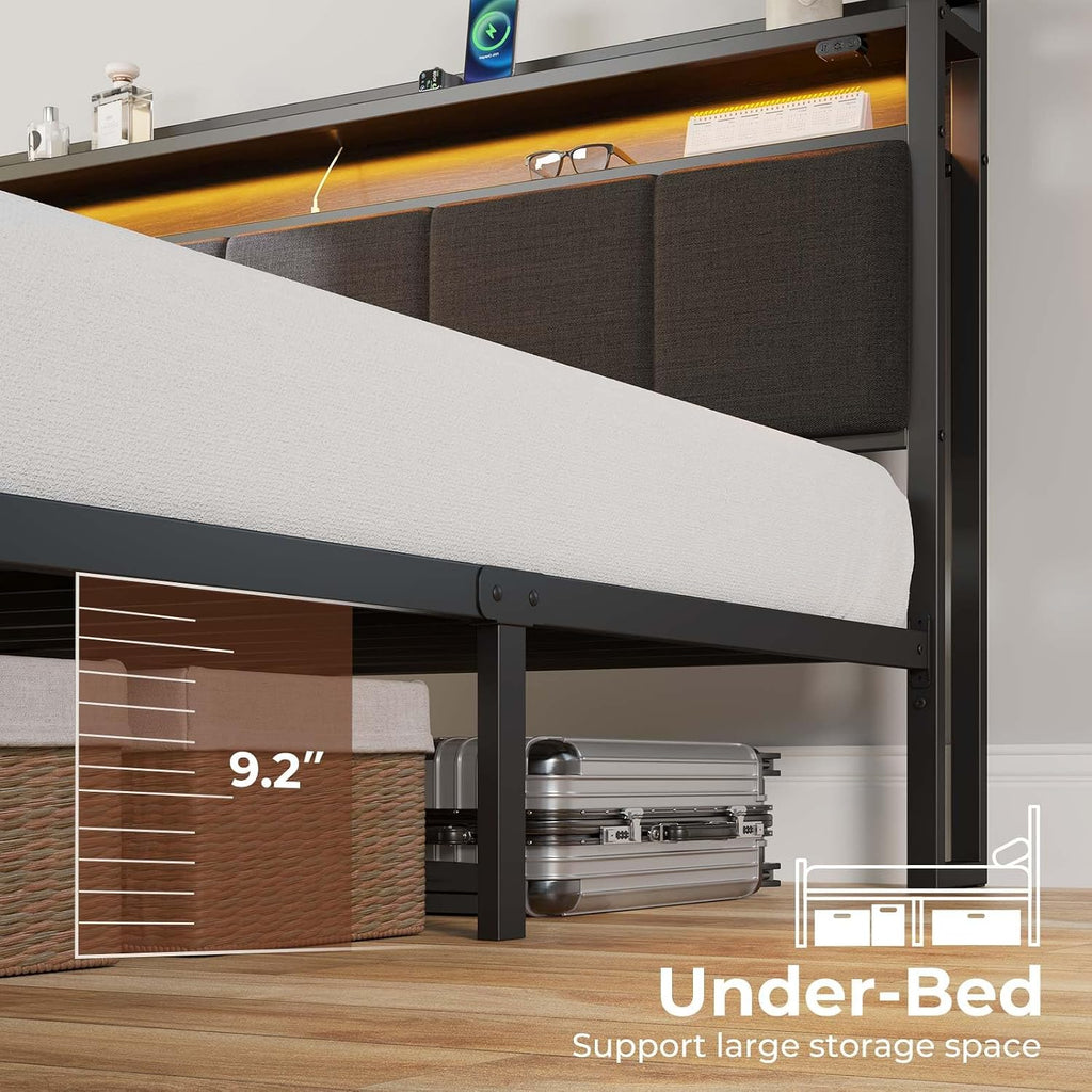 Rolanstar Bed Frame Full Size with Charging Station and LED Lights, Upholstered Headboard with Storage Shelves, Heavy Duty Metal Slats, No Box Spring Need, Noise Free, Easy Assembly, Dark Grey