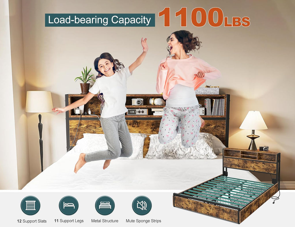 EnHomee Full Size Bed Frame with 6 Storage Drawers, Headboard & Charging Station, Noise-Free Metal Platform Bed, No Box Spring Needed,Vintage Brown