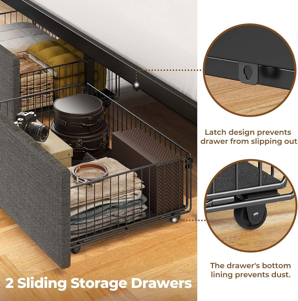 Rolanstar Bed Frame Twin Size with Charging Station and LED Lights, Upholstered Headboard with Storage Shelves, Heavy Duty Metal Slats, No Box Spring Need, Noise Free, Easy Assembly, Dark Grey