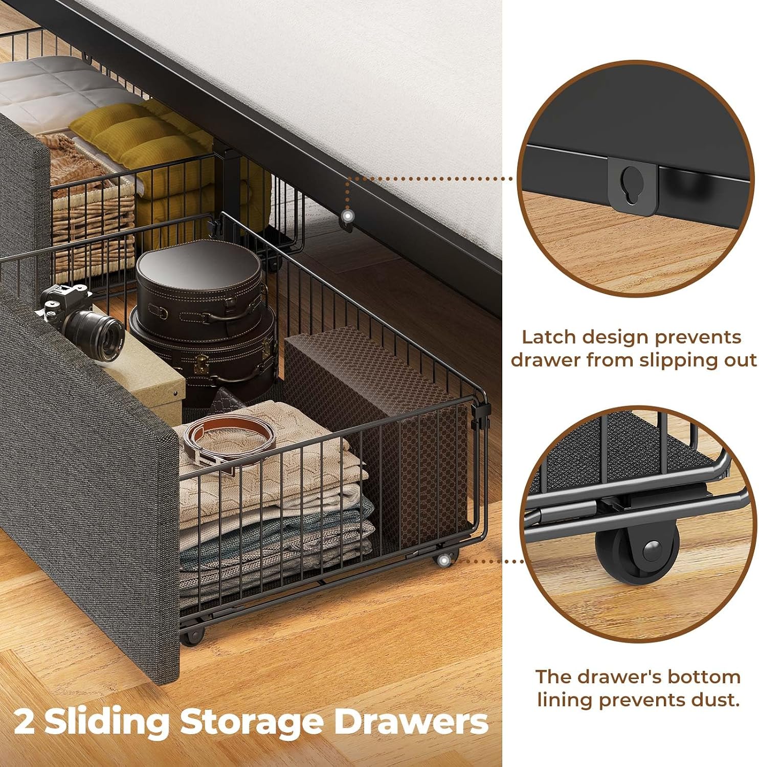 Rolanstar Bed Frame Twin Size with Charging Station and LED Lights, Upholstered Headboard with Storage Shelves, Heavy Duty Metal Slats, No Box Spring Need, Noise Free, Easy Assembly, Dark Grey