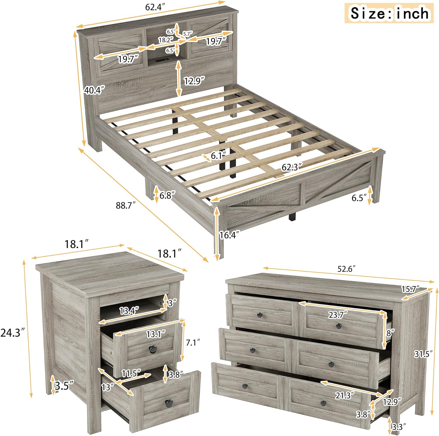 SOFTSEA 3 Piece Bedroom Set, Farmhouse Bedroom Furniture Set Include Queen Size Platform Bed with Nightstand and Dresser, Wood Platform Bed with Double Sliding Door Storage Headboard, Gray