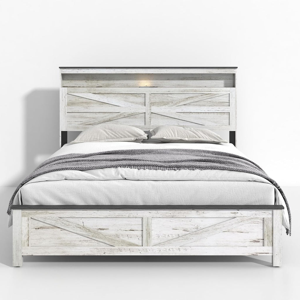 Farmhouse Wooden Bed Frame Queen Size with Storage Headboard, Boho Platform Bedframe with LED Lights and Charging Station, Metal Slats Support, No Box Spring Needed, White