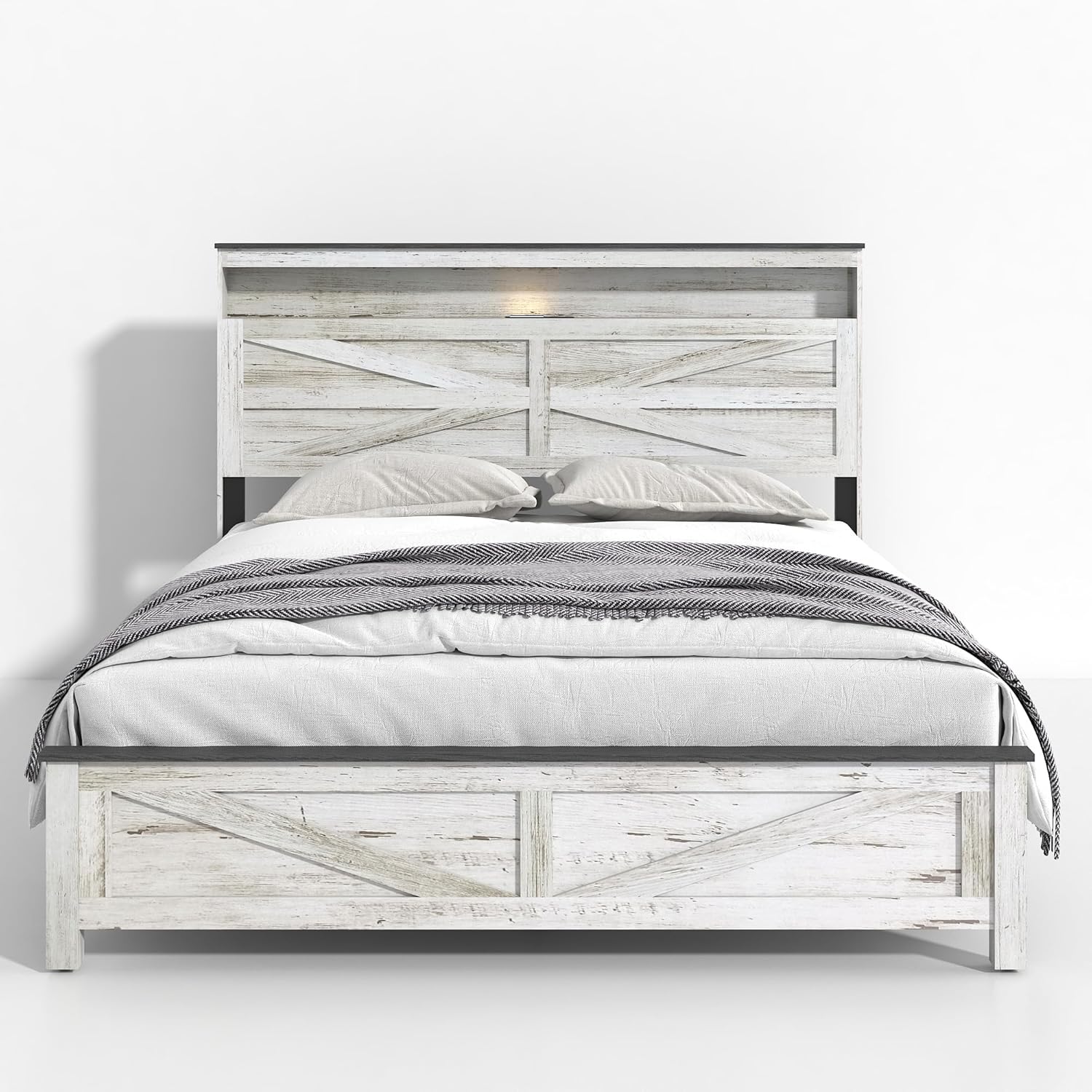 Farmhouse Wooden Bed Frame Queen Size with Storage Headboard, Boho Platform Bedframe with LED Lights and Charging Station, Metal Slats Support, No Box Spring Needed, White