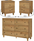 WAMPAT Dresser and Nightstands Set of 3, 47.2 Inches Wood Dresser with 6 Drawers, 2 Pieces Nightstands with Drawers and Charging Stations, Bedroom Furniture Set, Oak Brown